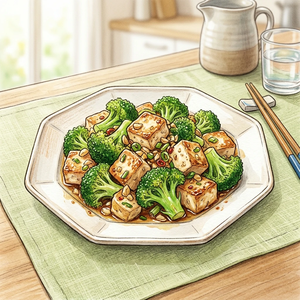 青花菜豆腐蒜炒成品圖