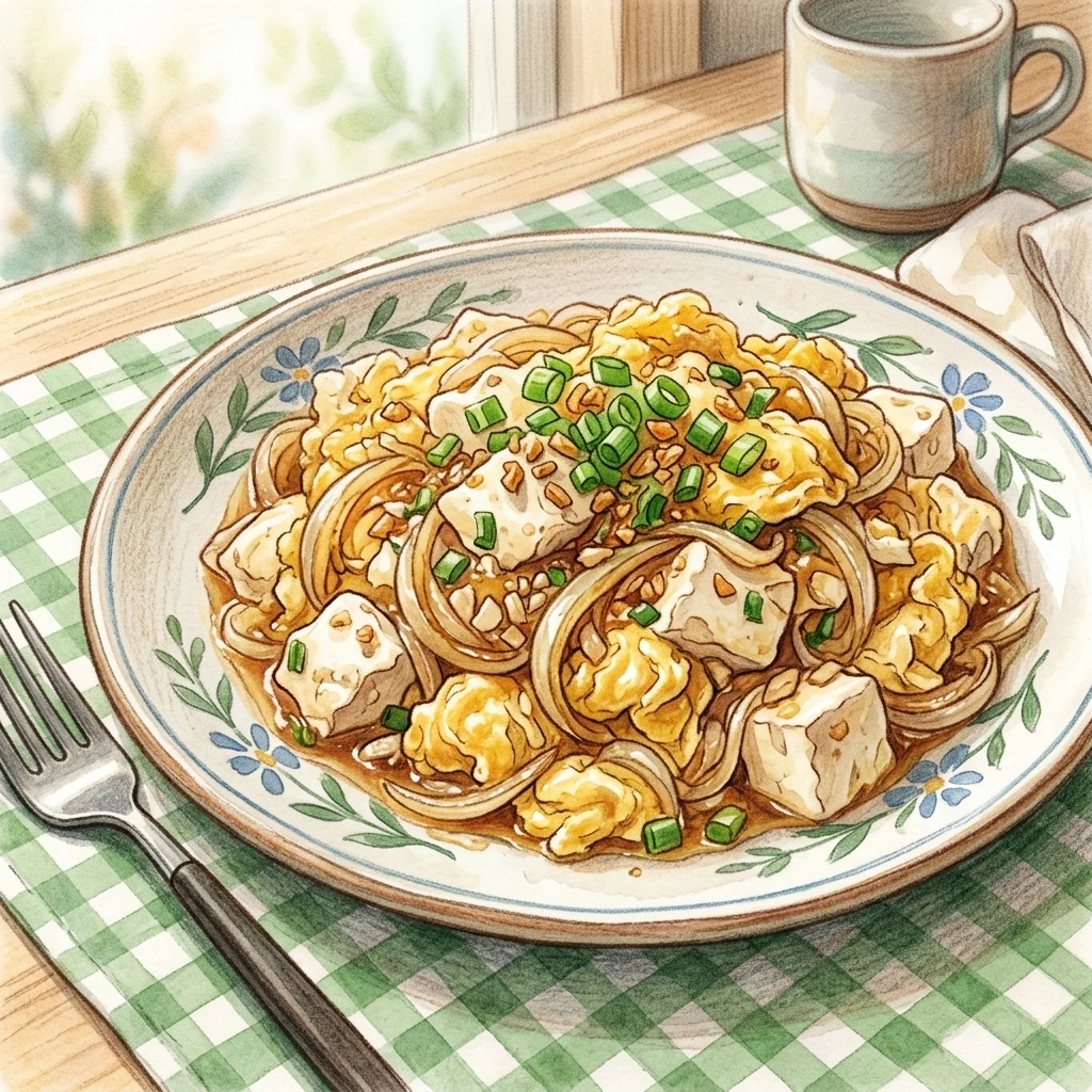玉ねぎにんにく豆腐炒り卵成品圖