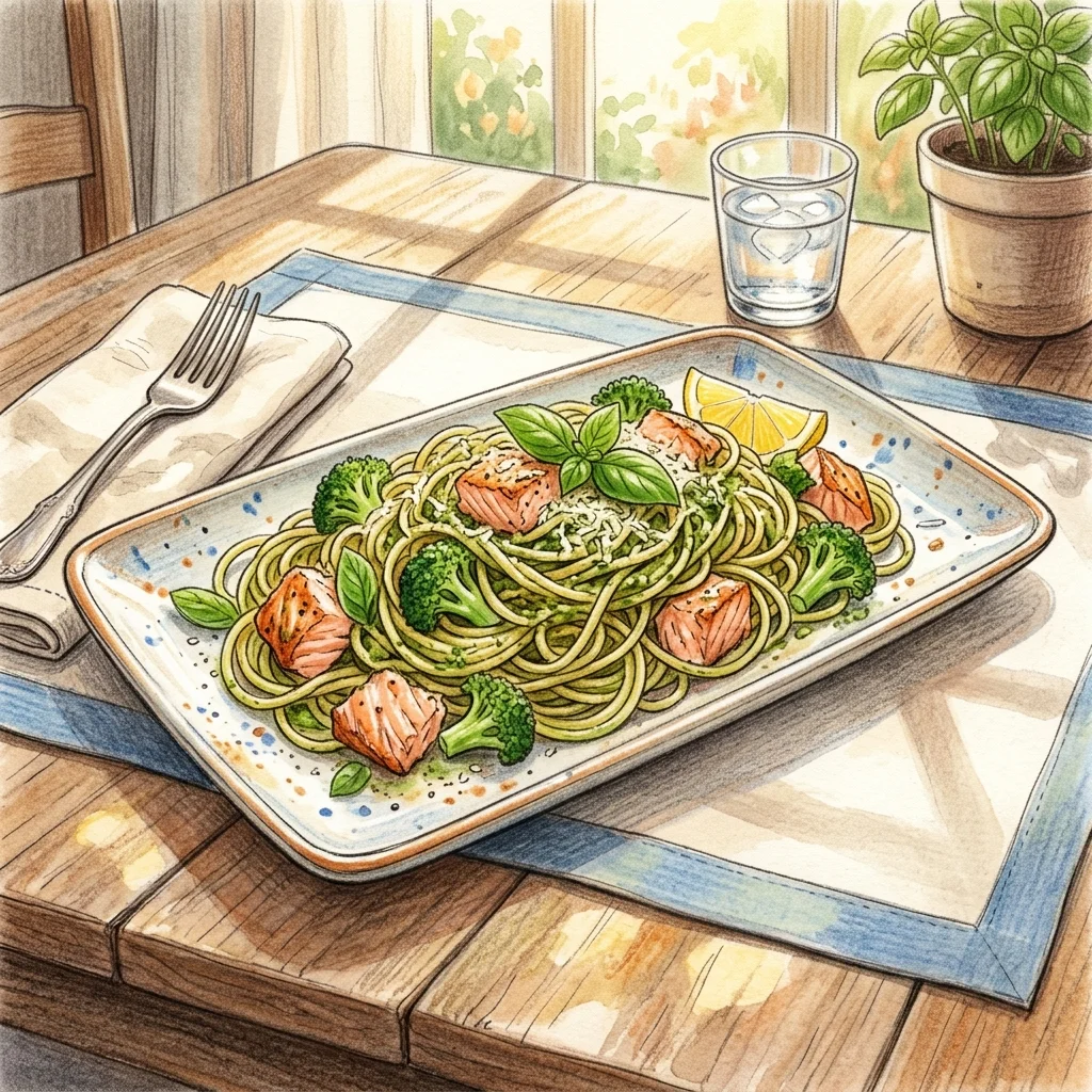 青蔥蒜香鮭魚青花義大利麵成品圖