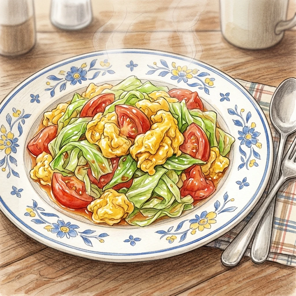 番茄蒜香高麗菜炒蛋成品圖